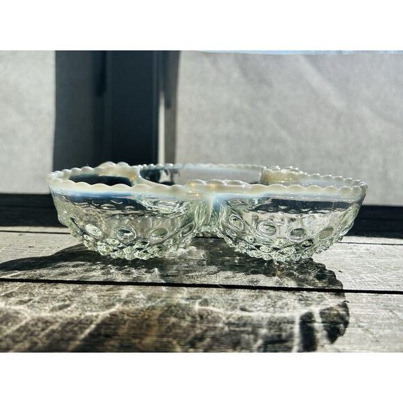 Moonstone Clear Opalescent Anchor Hocking 3 Part Dish Vintage White Trim Bowl - Picture 9 of 10